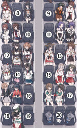  6+girls absurdres ahoge airplane_interior black_gloves black_skirt black_thighhighs blue_skirt breast_pocket breasts cape chair choukai_(kancolle) choukai_kai_ni_(kancolle) collared_shirt commentary_request dress dress_shirt eating from_above gloves hakama hakama_skirt halo haruna_(kancolle) haruna_kai_ni_(kancolle) headgear highres houshou_(kancolle) intrepid_(kancolle) japanese_clothes kabocha_torute kantai_collection kashima_(kancolle) kiso_(kancolle) kiso_kai_ni_(kancolle) kongou_(kancolle) kongou_kai_ni_(kancolle) large_breasts long_hair magazine_(object) maya_(kancolle) maya_kai_ni_(kancolle) mechanical_halo meme military_uniform multiple_girls mutsu_(kancolle) mutsu_kai_ni_(kancolle) nagato_(kancolle) nagato_kai_ni_(kancolle) nontraditional_miko numbered ooyodo_(kancolle) pantyhose playing_games pleated_skirt pocket purple_hair rensouhou-chan sailor_dress school_uniform serafuku shigure_(kancolle) shigure_kai_san_(kancolle) shirt short_hair shoukaku_(kancolle) sitting skirt sleeping sleeveless sleeveless_shirt thigh-highs trembling where_are_you_sitting_(meme) white_shirt yukikaze_(kancolle) yukikaze_kai_ni_(kancolle) zuikaku_(kancolle) 