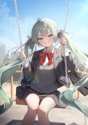  1girl absurdres ahoge bag black_jacket black_skirt blazer blue_eyes blue_hair blunt_bangs blush bow cardigan chain character_request clouds cloudy_sky collared_shirt commentary_request dampi double-parted_bangs dress_shirt grin highres holding holding_chain jacket korean_commentary looking_at_viewer on_swing pleated_skirt railing red_bow red_ribbon ribbon school_bag school_uniform shirt sitting skirt sky smile solo swing twintails white_shirt 