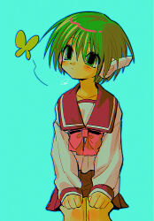  1girl absurdres blue_background blush bow bowtie closed_mouth collarbone green_eyes green_hair highres long_sleeves menma_(enaic31) multi_(to_heart) red_bow red_bowtie school_uniform simple_background sitting solo to_heart_(series) 