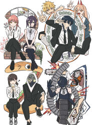  2026 4boys 5girls absurdres anger_vein apron bare_arms bare_shoulders beam_(chainsaw_man) black_apron black_choker black_gloves black_hair black_jacket black_pants black_shoes black_shorts black_suit black_thighhighs blonde_hair blue_jacket bomb bomb_devil_(chainsaw_man) braid breasts brown_hair chainsaw chainsaw_devil chainsaw_man choker closed_eyes collared_shirt crossed_ankles crossed_legs demon_girl denji_(chainsaw_man) elbow_gloves explosive flower gloves grey_shoes haromoti hayakawa_aki head_on_hand higashiyama_kobeni highres holding holding_ice_cream_cone holding_knife hood hood_up horns ice_cream_cone jacket jacket_over_hoodie knife loafers low_side_ponytail makima_(chainsaw_man) medium_breasts mouse_on_shoulder multiple_boys multiple_girls musical_note neck_ribbon open_mouth pants pink_hair power_(chainsaw_man) purple_hair red_eyes red_flower red_hair red_horns reze_(chainsaw_man) ribbon shark sharp_teeth shirt shoes shorts sitting sleeveless sleeveless_shirt sleeves_rolled_up smile sneakers spider_lily squatting suit suit_jacket teeth thigh-highs tongue tongue_out twin_braids v violence_fiend_(chainsaw_man) white_background white_flower white_shirt yellow_flower 