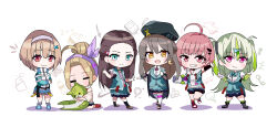  6+girls absurdres ahoge black_hair blue_eyes brown_hair chibi chibi_only commentary_request crescent green_hair hairband heaven_burns_red highres incredibly_absurdres joedan_yunari multiple_girls ooshima_ichiko ooshima_isuzu ooshima_minori ooshima_muua ooshima_niina ooshima_yotsuha pink_eyes pink_hair red_eyes team_31e_(heaven_burns_red) violet_eyes 