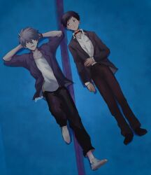  2boys arms_behind_head black_hair black_jacket black_pants black_shoes blue_eyes blush collared_shirt commentary dss_choker from_above full_body grey_hair highres ikari_shinji jacket looking_at_another lying male_focus multiple_boys nagisa_kaworu neon_genesis_evangelion on_back on_floor open_mouth pants rebuild_of_evangelion red_eyes shirt shoes short_hair signature suit_jacket white_shirt white_shoes yorumi1117 