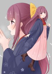  1girl blue_haori boots bow breasts commentary_request grey_background hair_bow hakama hakama_skirt haori highres japanese_clothes kamikaze_(kancolle) kantai_collection kashiwa_no_udon kimono lace-up_boots long_hair looking_at_viewer meiji_schoolgirl_uniform multiple_views open_mouth pink_hakama purple_hair red_kimono ribbon skirt smile violet_eyes yellow_bow yellow_ribbon 