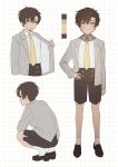  1boy absurdres ag_(ag_nkfg) brown_hair child closed_mouth collared_shirt grey_jacket hand_on_own_hip high-waist_shorts highres jacket long_sleeves male_child male_focus necktie open_clothes open_jacket orange_eyes original parted_lips shirt shoes shorts simple_background socks squatting standing white_shirt white_socks yellow_necktie 