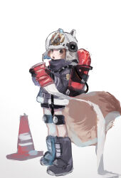  1girl absurdres animal_ear_headwear arknights black_boots black_gloves black_jacket boots brown_eyes brown_hair canister commentary_request firefighter firefighter_helmet firefighter_jacket full_body gloves hard_hat helmet highres holding holding_hose hose jacket kajitsu_ohima knee_boots knee_pads long_sleeves looking_at_viewer open_mouth shaw_(arknights) short_hair simple_background solo squirrel_girl squirrel_tail standing tail traffic_cone white_background 