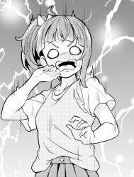  1girl blank_eyes blush bow casual cut_bangs frown greyscale hair_bow halftone hirogaru_sky!_precure lightning looking_at_viewer medium_hair monochrome o_o open_mouth pleated_skirt precure shirt short_sleeves side_ponytail single_sidelock skirt solo sora_harewataru sweatdrop t-shirt tirofinire upper_body v-shaped_eyebrows 