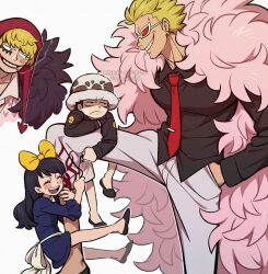  1girl 3boys :d ^_^ absurdres aged_down artist_name baby_5 black_hair black_jacket black_shirt black_shoes blonde_hair blue_dress blush blush_stickers bow child cigarette closed_eyes closed_mouth coat coat_on_shoulders collared_shirt donquixote_doflamingo donquixote_rocinante dress earrings eyelashes facial_mark feather_coat frilled_sleeves frills frown fur_hat gold_earrings grin hair_bow hands_in_pockets happy hat heart heart_print highres hood hugging_another's_leg jacket jewelry kageimo long_hair long_sleeves multiple_boys necktie one_piece open_mouth pants pink_coat pink_shirt print_shirt red-tinted_eyewear red_hood red_lips red_necktie shirt shoes short_hair simple_background smile sunglasses teeth three-quarter_sleeves tie_clip tinted_eyewear trafalgar_law twitter_username upper_teeth_only v-shaped_eyebrows watermark white-framed_eyewear white_background white_hat white_pants wing_collar yellow_bow 