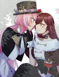  2girls alternate_costume bird black_capelet black_dress black_gloves black_hat blue_eyes breasts brown_hair capelet commentary dove dress eden_(honkai_impact) elf elysia_(honkai_impact) gloves hat highres honkai_(series) honkai_impact_3rd large_breasts long_hair looking_at_another multiple_girls pink_hair pointy_ears smile symbol-only_commentary top_hat toufu_0626 very_long_hair yellow_eyes yuri 