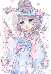  1girl :d artist_name blue_dress blue_hat blue_sleeves blush calligraphy_brush commentary commission detached_sleeves dress english_commentary flower green_eyes grey_hair hair_intakes hat highres holding holding_calligraphy_brush holding_paintbrush long_hair long_sleeves looking_at_viewer open_mouth original paintbrush petals pink_flower simple_background skeb_commission sleeveless sleeveless_dress smile solo upper_body white_background wide_sleeves yukomeow 