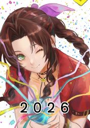  1girl 2026 absurdres aerith_gainsborough arm_belt bangle bracelet braid braided_ponytail brown_hair choker closed_mouth confetti dress final_fantasy final_fantasy_vii final_fantasy_vii_remake flower_choker green_eyes hair_ribbon hashtag-only_commentary highres holding holding_party_popper jacket jewelry long_hair looking_at_viewer one_eye_closed parted_bangs party_popper pink_dress pink_ribbon red_jacket ribbon rino_han short_sleeves sidelocks single_braid smile solo streamers upper_body 