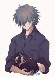  1boy animal black_cat black_shirt cat closed_mouth collared_shirt commentary cropped_torso grey_hair heart highres holding holding_animal holding_cat ikari_shinji looking_at_animal male_focus nagisa_kaworu neon_genesis_evangelion petting shirt short_hair signature simple_background sleeves_pushed_up symbol-only_commentary white_background yorumi1117 
