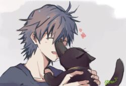  1boy animal black_cat cat grey_background grey_hair grey_shirt highres holding holding_animal light_blush male_focus nagisa_kaworu neon_genesis_evangelion open_mouth shirt signature smile solo yorumi1117 