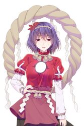  1girl black_skirt breasts commentary_request crote fingernails hair_between_eyes half-closed_eyes hand_on_own_hip highres large_variant_set layered_sleeves leaf looking_at_viewer maple_leaf medium_hair mirror parted_lips purple_hair red_eyes red_shirt rope rope_belt shimenawa shirt simple_background skirt solo tachi-e teeth touhou transparent_background upper_teeth_only variant_set white_sleeves yasaka_kanako 
