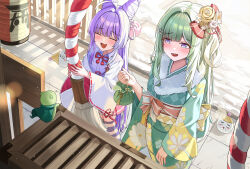  2girls ahoge blue_eyes blue_thighhighs box cape chico_(yuzuha_riko) closed_eyes collared_shirt commentary cone_hair_bun creature donation_box double_bun fang floral_print floral_print_kimono flower fur-trimmed_kimono fur_trim gradient_eyes green_cape green_hair green_kimono hair_bun hair_flower hair_ornament hair_ribbon hatae0226_(hty) highres inari_(tenko_shibuki) japanese_clothes kimono kouhaku_nawa lantern long_hair miniskirt multicolored_eyes multicolored_hair multiple_girls neck_ribbon nontraditional_miko obi open_mouth outdoors paper_lantern pleated_skirt pom_pom_(clothes) pom_pom_hair_ornament print_kimono purple_hair purple_shirt red_ribbon red_sash red_skirt ribbon rope sash shimenawa shirt shrine skirt snow stellive streaked_hair striped_clothes striped_thighhighs tenko_shibuki thigh-highs very_long_hair virtual_youtuber white_hair wide_sleeves yuzuha_riko 
