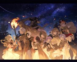  5girls 6+boys :d ^_^ absurdres ahoge black_choker black_gloves black_hair black_hat black_shirt black_thighhighs blonde_hair bow breasts brown_cloak brown_hair choker cloak closed_eyes commentary_request double_bun dress embers fingerless_gloves fire frilled_dress frills gil_(gamer) gloves gorilla grey_hair grin group_picture hair_bow hair_bun hair_ornament hanabusa_lisa hand_on_headwear hanging_on_another hat highres holding holding_star holding_torch hood hood_up hooded_cloak indie_virtual_youtuber kamito_(vtuber) kanae_(nijisanji) kanou_(ianeko) komori_met kurumi_noah letterboxed long_hair medium_breasts medium_dress medium_hair multicolored_hair multiple_boys multiple_girls neck_ribbon neo-porte night nijisanji nijisanji_kr nun_bora outdoors pants pink_hair ponytail purple_hair real_life red_bow red_dress ribbon shirayuki_reid shirt short_dress short_hair single_glove sky sleeveless sleeveless_dress small_breasts smile snowflake_hair_ornament split-color_hair star_(sky) star_(symbol) starry_sky sunglasses suspenders tachibana_hinano thigh-highs tonakaito torch twintails veemusic very_long_hair virtual_gorilla virtual_youtuber vspo! waving white_dress white_hair white_pants white_ribbon wind 