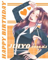  1girl aoi_toramatsu armpit_cutout artist_name black_leotard breasts brown_eyes brown_hair clothing_cutout collared_leotard english_commentary english_text hair_behind_ear hand_on_own_hip happy_birthday heart highres jewelry jihyo_(twice) k-pop leotard long_sleeves medium_breasts open_mouth real_life ring sleeved_leotard smile solo strategy_(twice) twice_(group) twintails v watermark 