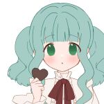  1girl alternate_costume aqua_hair blunt_bangs blush bow bowtie brown_bow brown_bowtie buttons center_frills clenched_hand collared_shirt dot_nose frills futaba_sana green_eyes hand_up heart holding holding_heart long_sleeves looking_at_viewer magia_record:_mahou_shoujo_madoka_magica_gaiden mahou_shoujo_madoka_magica portrait ruru_(rurumagi) shirt sidelocks simple_background solo straight-on twintails wavy_hair white_background white_shirt 