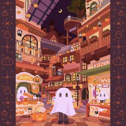  6+others animated animated_gif awning balcony bridge building candy crescent_moon food ghost_costume halloween halloween_bucket highres jack-o'-lantern kuronmaibyou lantern lollipop market_stall moon multiple_others night original pixel_art sheet_ghost stairs string_of_light_bulbs train tree 