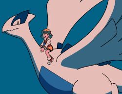  1girl :d bike_shorts blue_background blue_eyes blue_hair breasts closed_mouth fangs flipped_hair green_hair hat jacket kris_(pokemon) long_hair long_sleeves looking_at_viewer looking_to_the_side lugia open_clothes open_jacket open_mouth pokemon pokemon_(creature) pokemon_gsc red_shirt riding riding_pokemon shirt shoes shorts simple_background sitting skin_fangs smile twintails tyako_089 white_jacket wings yellow_hat yellow_shorts 