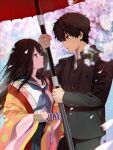  1boy 1girl alternate_costume artist_logo black_hair black_jacket blurry blurry_background blush brown_hair chitanda_eru eye_contact hair_between_eyes highres hyouka jacket japanese_clothes kamiyama_high_school_uniform_(hyouka) kimono long_hair looking_at_another mery_(yangmalgage) neckerchief oil-paper_umbrella open_mouth oreki_houtarou sailor_collar school_uniform shirt short_hair umbrella violet_eyes white_shirt 