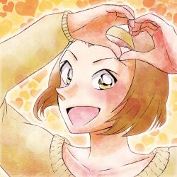  1girl :d collarbone commentary_request hairband heart heart_background heart_hands highres long_sleeves looking_at_viewer looking_to_the_side meitantei_conan open_mouth ponblue portrait short_hair smile solo suzuki_sonoko sweater yellow_background yellow_hairband yellow_sweater yellow_theme 