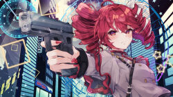  1girl aiming bow buttons circle city_lights closed_mouth commentary_request commission double-breasted drill_hair frown grey_jacket gun h&amp;k_usp handgun holding holding_gun holding_weapon jacket kasane_teto kasane_teto_(sv) red_eyes red_hair red_nails shoulder_belt skeb_commission solo square star_(symbol) twin_drills utau v-shaped_eyebrows weapon white_bow yellow_star yudoufu_(littleplus) 