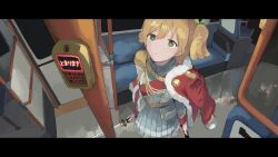  1girl 62_retas absurdres aiguillette belt belt_buckle blonde_hair brown_belt buckle closed_mouth commentary_request daiba_nana dual_wielding epaulettes expressionless from_above fur-trimmed_jacket fur_trim green_eyes green_ribbon grey_jacket grey_skirt hair_between_eyes hair_ribbon handrail highres holding holding_pole holding_sword holding_weapon jacket jacket_on_shoulders katana letterboxed long_sleeves looking_up medium_hair multicolored_jacket night pleated_skirt pole red_jacket red_sash ribbon sash shoujo_kageki_revue_starlight shoulder_sash single_horizontal_stripe skirt sleeve_cuffs solo standing star_(symbol) striped_clothes striped_skirt sword ticket_machine train_interior translation_request two_side_up waist_cape weapon white_jacket yellow_trim 