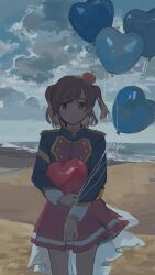 1girl 62_retas absurdres aijou_karen backlighting balloon beach blue_jacket brown_eyes brown_hair closed_mouth clouds cloudy_sky commentary cowboy_shot crown epaulettes hashtag-only_commentary heart_balloon highres holding holding_balloon hugging_object jacket light_smile long_sleeves looking_at_viewer mini_crown miniskirt multicolored_jacket outdoors parted_bangs red_jacket red_skirt shore short_hair shoujo_kageki_revue_starlight single_horizontal_stripe skirt sky sleeve_cuffs solo standing straight-on striped_clothes striped_skirt tilted_headwear two_side_up waist_cape yellow_trim 