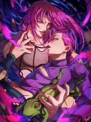  2boys absurdres animal asymmetrical_bangs belt brown_eyes cleavage_cutout clothing_cutout commentary_request diavolo fishnet_top fishnets green_belt green_eyes highres holding holding_animal holding_frog jojo_no_kimyou_na_bouken long_bangs long_hair long_sleeves looking_at_viewer male_focus medium_hair midriff multiple_boys pants parted_lips pink_hair pink_lips purple_pants purple_sweater spotted_hair sweater vento_aureo vinegar_doppio watawata_nr_(siroraku) wristband 