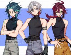  3boys ;d ahoge akaneya_(akaneya1484) aqua_hair arm_tattoo armlet artist_name bare_shoulders belt black_belt black_gloves black_shirt blue_background blue_eyes blue_pants brown_pants closed_mouth colored_inner_hair commentary_request covered_collarbone cowboy_shot crossed_arms dated earrings eyeliner facial_mark forehead_mark frown genshin_impact gloves green_eyes green_hair grey_hair grey_pants hair_between_eyes hand_on_own_hip illuga_(genshin_impact) jewelry long_hair looking_at_viewer low_ponytail makeup male_focus mole mole_under_each_eye mole_under_eye multicolored_hair multiple_boys multiple_moles one_eye_closed open_mouth pants parted_bangs ponytail red_eyeliner red_hair shikanoin_heizou shirt short_hair sidelocks signature simple_background single_earring sleeveless sleeveless_shirt smile standing streaked_hair tattoo teeth turtleneck twitter_username two-tone_background two-tone_hair upper_teeth_only watermark white_background wrist_cuffs xiao_(genshin_impact) yellow_eyes 