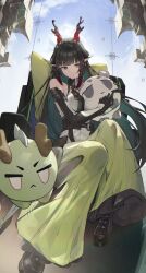  1girl absurdres arknights arknights:_endfield armpit_crease bare_shoulders belt black_belt black_gloves black_hair black_shoes blue_sky blunt_bangs breasts brown_eyes chair collared_dress commentary detached_sleeves dragon_bean_(arknights) dragon_girl dragon_horns dress eastern_dragon_horns full_body gloves gradient_clothes gradient_dress green_dress green_pants hair_intakes hair_ornament highres holding holding_stuffed_toy horns indoors jewelry knee_up large_breasts light_blush light_smile long_hair long_sidelocks long_sleeves multiple_rings on_chair pants pointy_ears red_hair red_horns ring sasa_(sasa_ekakiman) shoes sidelocks sky sleeveless sleeveless_dress solo stuffed_toy very_long_hair white_dress zhuang_fangyi_(arknights) 