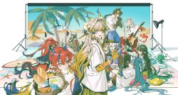  3boys 4girls :d ^_^ absurdres alcohol amplifier aqua_hair arknights arm_tattoo backdrop bag bag_of_chips black_hair blonde_hair blue_eyes blue_hair blue_hands blue_pants bottle braid braided_ponytail bread brown_hair brown_shirt brown_shorts cable chinese_commentary chongyue_(arknights) closed_eyes coconut_cup colored_extremities commentary_request dragon_boy dragon_girl dragon_horns dragon_tail drawstring drinking_straw dusk_(arknights) earrings eastern_dragon_horns eastern_dragon_tail electric_guitar expressionless eyelashes eyeshadow fan_mu_zhang flower food gold_earrings gradient_hair green_eyes green_hair green_hands grey_hair guitar hair_between_eyes hair_flower hair_intakes hair_ornament hair_over_one_eye high_ponytail highres holding holding_bag holding_bottle holding_guitar holding_instrument holding_microphone holding_paper holding_stylus holding_tablet_pc horns instrument jewelry ji_(arknights) knee_up ling_(arknights) lollipop_in_mouth long_hair long_sleeves looking_to_the_side low_ponytail lying makeup microphone mouth_hold multicolored_eyes multicolored_hair multiple_boys multiple_girls music nian_(arknights) on_side open_mouth pants paper paper_bag pillow pink_hair playing_guitar playing_instrument pointy_ears ponytail red_eyes red_eyeshadow red_hair red_hands red_pants shirt short_shorts short_sleeves shorts shu_(arknights) side_braids sidelocks singing smile star_(symbol) star_print steamed_bun streaked_hair studio studio_lights stylus t-shirt tablet_pc tail tattoo teeth two-tone_eyes upper_teeth_only very_long_hair wang_(arknights) white_flower white_hair white_pants white_shirt yellow_hands yi_(arknights) yu_(arknights) 