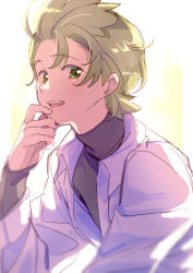  1boy black_shirt cilan_(pokemon) collared_jacket commentary_request green_eyes green_hair hand_up highres jacket layered_sleeves long_sleeves looking_at_viewer male_focus open_clothes open_jacket open_mouth pokemon pokemon_bw serizawa_serizane shirt short_hair solo turtleneck turtleneck_shirt twitter_username upper_body yellow_background 