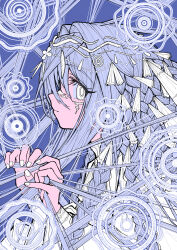  1girl absurdres blue_background blue_hair blue_theme braid expressionless hair_ribbon hands_up highres kaneni long_sleeves looking_at_viewer multiple_braids original profile ribbon shirt solo upper_body white_eyes white_nails white_ribbon white_shirt 