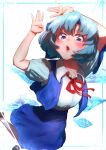  1girl absurdres adapted_costume arms_up blue_bow blue_eyes blue_hair blue_skirt blue_vest bow breasts cirno collared_shirt detached_wings hair_bow highres ice ice_wings looking_at_viewer neck_ribbon open_mouth puffy_short_sleeves puffy_sleeves red_ribbon ribbon shirt short_sleeves simple_background skirt skirt_set small_breasts solo sotatsudraw teeth touhou upper_teeth_only vest white_background white_shirt wings 
