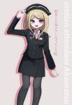  1girl :d akamatsu_kaede alternate_costume arm_up artist_name black_headwear black_jacket black_pantyhose black_skirt blonde_hair breasts collared_shirt danganronpa_(series) danganronpa_v3:_killing_harmony feet_out_of_frame hair_ornament jacket long_hair long_sleeves medium_breasts mikao_(eanv5385) musical_note musical_note_hair_ornament necktie open_mouth pantyhose pencil_skirt pink_necktie shirt skirt smile solo station_attendant swept_bangs translation_request violet_eyes white_shirt 