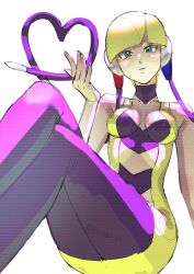  1girl bare_arms bintoro_06 black_choker blonde_hair blue_eyes blunt_bangs breasts choker collarbone commentary_request crossed_legs dress elesa_(pokemon) headphones highres knees_up medium_breasts pantyhose pencil_dress pokemon pokemon_bw short_dress short_hair sleeveless sleeveless_dress solo yellow_dress 