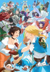  1other 6+boys 6+girls absurdres adelbert_steiner amarant_coral arm_behind_back armor arms_behind_head ascot baku_(ff9) bandana_over_eyes beard beatrix_(ff9) bib black_choker black_mage_(final_fantasy) blank_(ff9) blonde_hair blue_background blue_coat blue_eyes blue_headband blue_pants blue_vest blue_wrist_cuffs bow brahne_raza_alexandros_xvi breasts brown_eyes brown_hair brown_helmet burmecian chef_hat choker closed_eyes coat colored_skin commentary_request confetti cowboy_shot creature cropped_vest crossed_arms crystal doctor_tot dreadlocks earrings eiko_carol everyone facial_hair final_fantasy final_fantasy_ix fratley garnet_til_alexandros_xvii gloves green_gloves green_vest grey_hair grey_skin hair_bow hair_over_eyes hat hat_feather headband helmet highres holding holding_hands holding_headgear holding_polearm holding_weapon hoop_earrings horns jester_cap jewelry juliet_sleeves korean_commentary kuja long_sleeves low_ponytail marcus_(ff9) medium_breasts midriff mikoto_(ff9) mini_wings moogle mouse_boy mouse_girl multiple_boys multiple_girls open_mouth outstretched_arms overalls pants pauldrons pendant pink_coat plate_armor polearm ponytail popped_collar puck_(ff9) puffy_sleeves purple_hair quina_quen red_coat red_gloves red_hair red_helmet red_shirt red_vest ruby_(ff9) shirt shoulder_armor single_horn smile striped_clothes striped_pants tabard thorn_(ff9) tongue tongue_out top_hat twitter_username v vest weapon wentyff14 white_ascot white_gloves white_shirt winged_helmet wings wizard_hat wrist_cuffs yellow_bow yellow_eyes yellow_overalls zidane_tribal zorn_(ff9) 