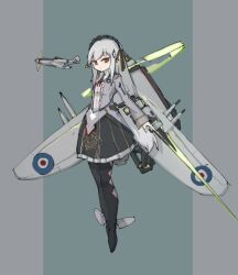  1girl black_bonnet black_pantyhose bonnet commentary_request energy_sword flower frider grey_hair long_hair mecha_musume orange_eyes original pantyhose personification propeller rose roundel skirt supermarine_spitfire sword tagme two-tone_background vehicle_and_personification war_thunder weapon wings 