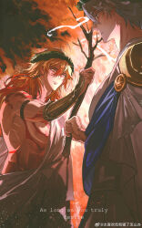  2boys absurdres alternate_costume ancient_greek_clothes arm_tattoo armlet blonde_hair blue_eyes braid branch chest_tattoo chinese_commentary chiton commentary_request english_commentary facial_tattoo gold_vambraces gradient_hair greco-roman_clothes head_wreath highres holding holding_branch honkai:_star_rail honkai_(series) jewelry long_hair looking_at_another male_focus mixed-language_commentary multicolored_hair multiple_boys mydei_(honkai:_star_rail) nichi_teki_ya_nichi_teki_ya phainon_(honkai:_star_rail) red_hair red_tattoo short_hair side_braid tattoo watermark weibo_watermark white_hair yellow_eyes 