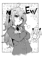  2girls ahoge badge blush border bow bowtie broken_heart broken_heart_hair_ornament button_badge cardigan carrying character_name commentary cropped_torso crossed_arms dress_shirt evil_neuro-sama from_side greyscale hair_between_eyes hair_ornament hair_ribbon heart highres long_hair long_sleeves monochrome multiple_girls neuro-sama off-shoulder_cardigan puff_of_air ribbon shirt skull_hair_ornament sugito_akira symbol-only_commentary triangle_mouth turtle two_side_up upper_body vedal987 vedal_ai white_border 