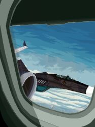  1boy above_clouds aircraft airplane airplane_interior blue_sky clouds diplomat_(project_wingman) fighter_jet helmet highres jet_airliner looking_outside middle_finger mig-29 mikecraftz military military_vehicle open_window_shutter oxygen_mask pilot pilot_helmet pixel_art project_wingman scenery sky weapon window 