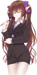  1girl alternate_costume bespectacled black-framed_eyewear breasts brown_hair business_suit buttons collared_shirt commentary_request cowboy_shot crote formal_clothes glasses hair_between_eyes hair_ribbon hand_up highres himekaidou_hatate holding holding_pen large_variant_set long_hair medium_breasts miniskirt office_lady pale_skin pantyhose pen pencil_skirt pointy_ears purple_ribbon ribbon semi-rimless_eyewear shirt simple_background skirt skirt_suit solo standing suit touhou transparent_background twintails under-rim_eyewear variant_set very_long_hair white_pantyhose white_shirt wing_collar 