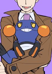  1boy absurdres blue_skin coat colored_sclera colored_skin croagunk eyes_out_of_frame head_out_of_frame highres holding holding_pokemon looker_(pokemon) male_focus open_mouth papurikagakusyu pokemon pokemon_(creature) pokemon_dppt pokemon_platinum purple_background simple_background trench_coat yellow_sclera 