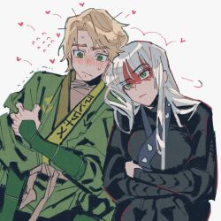  1boy 1girl :| @_@ animification armor blonde_hair blunt_bangs blush closed_mouth commentary_request dougi flustered flying_sweatdrops furrowed_brow green_dougi green_eyes grey_hair haaa_om007ls hand_on_own_arm harumi_(ninjago) head_on_another's_shoulder heart hetero highres japanese_armor japanese_clothes korean_commentary kote leaning_on_person lloyd_garmadon long_hair long_sleeves looking_at_another ninjago puff_of_air red_facepaint simple_background sweat trembling upper_body white_background 