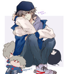  1boy arms_on_knees baseball_cap blue_jacket character_doll closed_mouth dated doll elbow_on_knee full_body grey_hair grey_pants hashtag-only_commentary hat highres hood hood_down hoodie ikari_shinji invisible_floor jacket jacket_over_hoodie looking_at_viewer male_focus nagisa_kaworu neon_genesis_evangelion pants red_eyes shoes sitting twitter_username white_shoes yorumi1117 