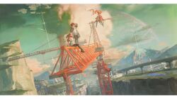  3girls angelina_(arknights) animal_ear_fluff animal_ears arknights arknights:_endfield bird_ears bird_girl black_boots black_hair black_jacket black_pantyhose black_thighhighs boots breasts brown_hair clouds coat crane_(machine) creamyghost cumulonimbus_cloud dangling day dress dutch_angle endministrator_(arknights) eye_mask female_endministrator_(arknights) floating_clothes floating_hair fold-over_boots fox_ears fox_girl gilberta_(arknights) grey_dress headpiece high_collar high_up highres hill jacket letterboxed long_hair long_sleeves looking_to_the_side mask medium_breasts medium_hair multiple_girls official_art open_clothes open_coat open_jacket outdoors pantyhose perlica_(arknights) planet red_coat scenery second-party_source shading_eyes short_dress sitting staff_riding standing sweater thigh-highs twintails white_dress white_jacket white_sweater wide_sleeves zettai_ryouiki 