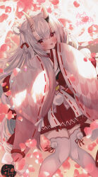  1girl absurdres blush commentary_request hair_ornament hakama hakama_skirt highres hololive japanese_clothes long_hair nakiri_ayame nakiri_ayame_(shrine_maiden) nontraditional_miko nyunya_0718 oni petals red_eyes red_ribbon ribbon skirt thigh-highs tongue tongue_out virtual_youtuber white_hair white_thighhighs wide_sleeves 