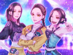  3girls animification aoi_toramatsu artist_name black_choker black_gloves black_shirt blue_tube_top braid brown_eyes chaeyoung_(twice) choker cosplay cropped_shirt earrings english_text fang fingerless_gloves flat_chest gloves hair_behind_ear halterneck huntrix jacket jeongyeon_(twice) jewelry jihyo_(twice) k-pop kpop_demon_hunters looking_at_viewer midriff mira_(kpop_demon_hunters) mira_(kpop_demon_hunters)_(cosplay) mole mole_under_mouth multiple_girls multiple_rings one_eye_closed pointing pointing_at_viewer real_life ring rumi_(kpop_demon_hunters) rumi_(kpop_demon_hunters)_(cosplay) shirt skirt smile strapless tube_top twice_(group) voice_actor_connection watermark yellow_eyes yellow_jacket yellow_skirt zoey_(kpop_demon_hunters) zoey_(kpop_demon_hunters)_(cosplay) 