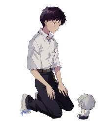  2boys absurdres belt brown_belt closed_mouth collared_shirt full_body hashtag-only_commentary highres ikari_shinji kneeling looking_at_another male_focus mini_person miniboy multiple_boys nagisa_kaworu neon_genesis_evangelion shirt shirt_tucked_in shoes short_hair signature simple_background undershirt white_background white_shirt white_shoes yorumi1117 
